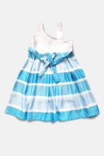 379STA05EB802-3 Baby Girls Knee Long Frock Dress, Satin Pleated, Striped, Blue