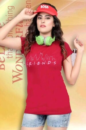 Ladies Round Neck Lounge T-Shirt, Printed, Red