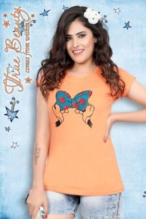 Ladies Round Neck Lounge T-Shirt, Butterfly Printed, Orange