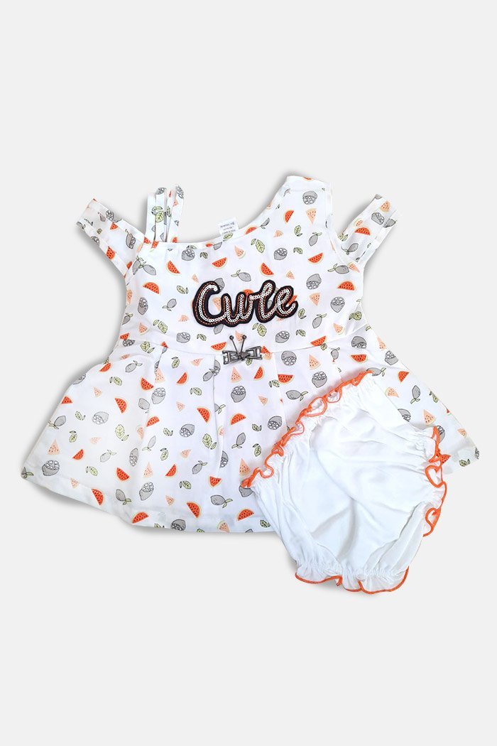 Baby Girls Cute Printed Frock with Panty, Hosiery, Orange Womensplace