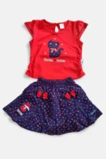 638STBB0B2730-rd-1 Baby Girls Kitty Hosiery Top and Denim Skirt Set, Red