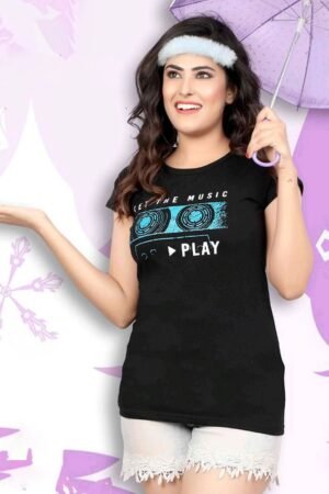 Women's Round Neck Lounge T-Shirt, Printed, Black