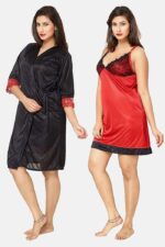 A14ST026BAE9C-1 Women's Satin Nightdress with Wrap Gown, Purple, Solid Red, Black