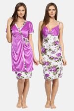 A14ST1CF1B835-1 Women's Satin Nightdress with Wrap Gown, Purple, Floral