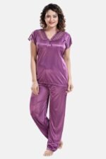 A14ST6BFF7496-1 Women's Satin Nightsuit / Nightwear Set, Solid, Purple