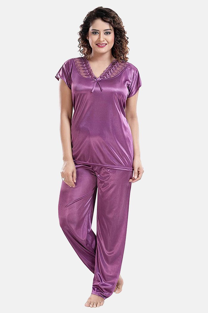 A14ST6BFF7496-1 Women's Satin Nightsuit / Nightwear Set, Solid, Purple