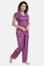 A14ST6BFF7496-2 Women's Satin Nightsuit / Nightwear Set, Solid, Purple
