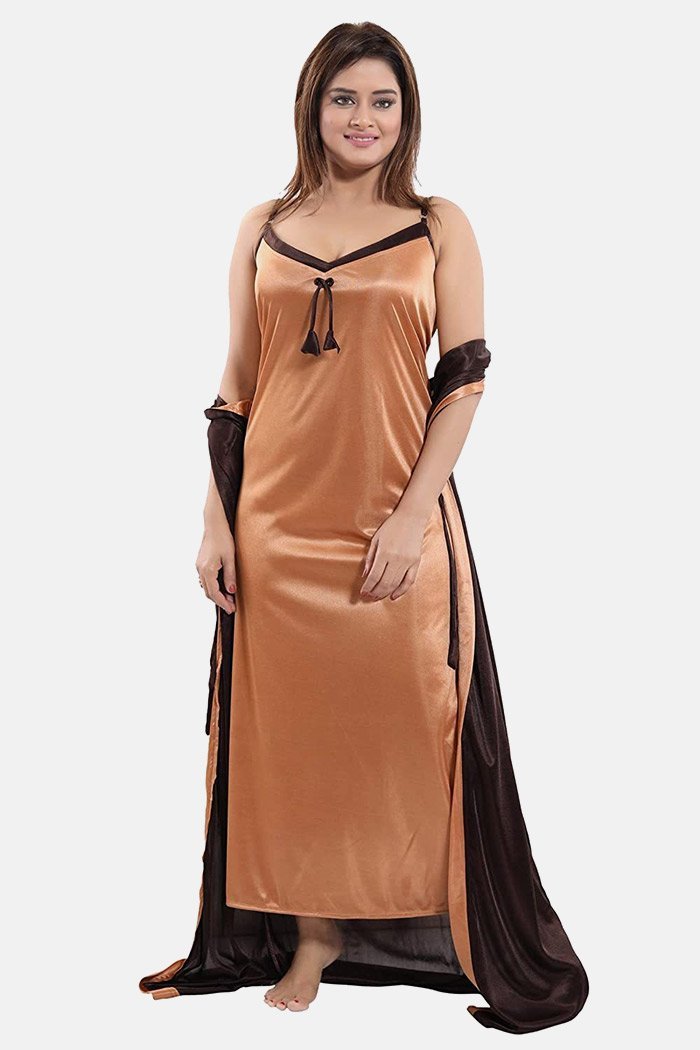 A14STAA25BA21-1 Women's Satin Nightdress with Robe, Solid, Beige