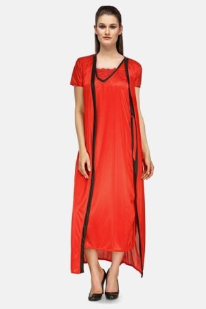 Women's Satin Nightdress with Robe, Solid, Red
