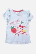 Baby Girls Shorted Sleeve Printed Applique Tops, Picnic Time, Blue