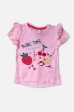 AS30059R1-PNK-1 Baby Girls Shorted Sleeve Printed Applique Tops, Picnic Time, Pink
