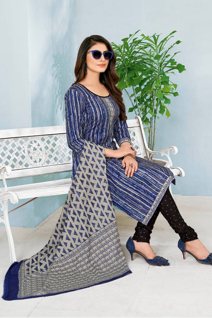 Women's Pure Cotton Unstitched Dress Material, Blue, Striped