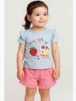 Baby Girls Shorted Sleeve Printed Applique Tops, Picnic Time, Blue