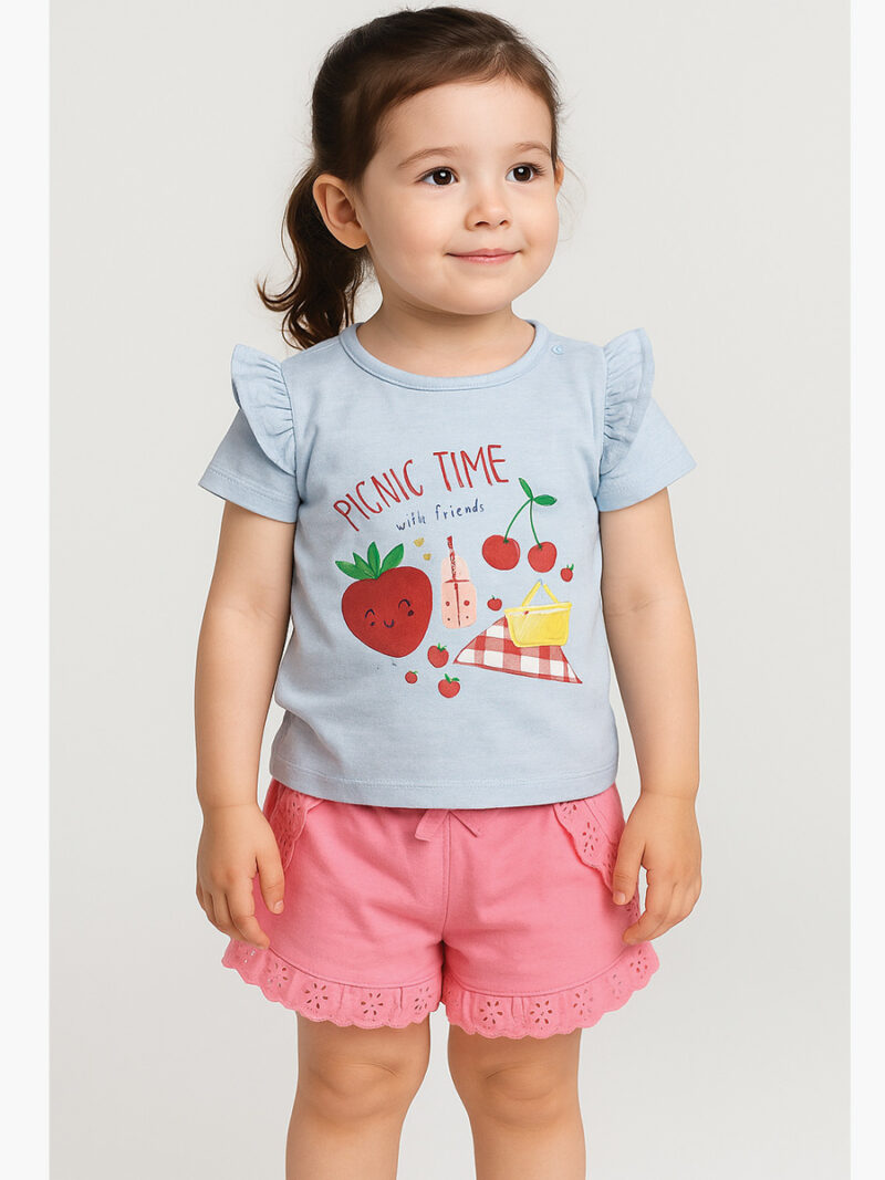 Baby Girls Shorted Sleeve Printed Applique Tops, Picnic Time, Blue