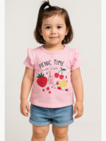 Untitled-22 Baby Girls Shorted Sleeve Printed Applique Tops, Picnic Time, Pink
