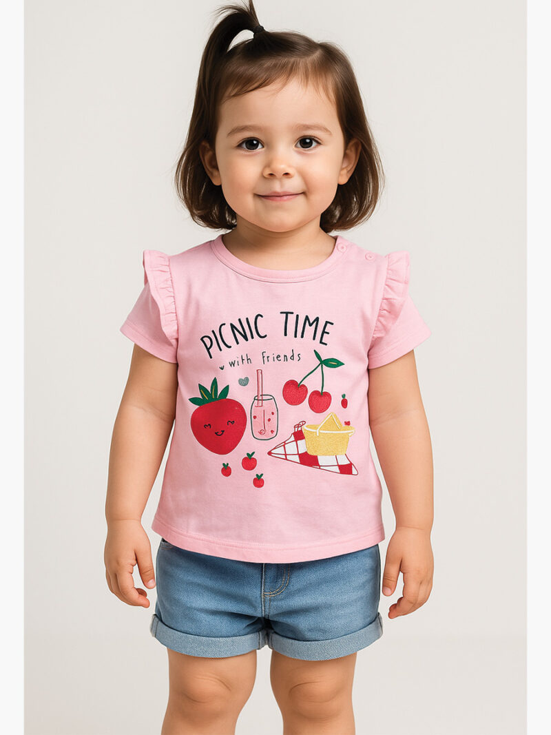 Untitled-22 Baby Girls Shorted Sleeve Printed Applique Tops, Picnic Time, Pink