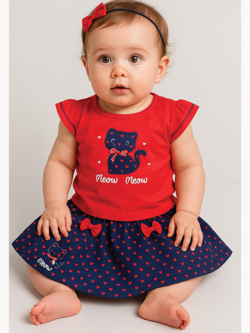 Untitled-3 Baby Girls Kitty Hosiery Top and Denim Skirt Set, Red