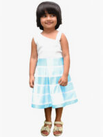 Untitled-31 Baby Girls Knee Long Frock Dress, Satin Pleated, Striped, Blue