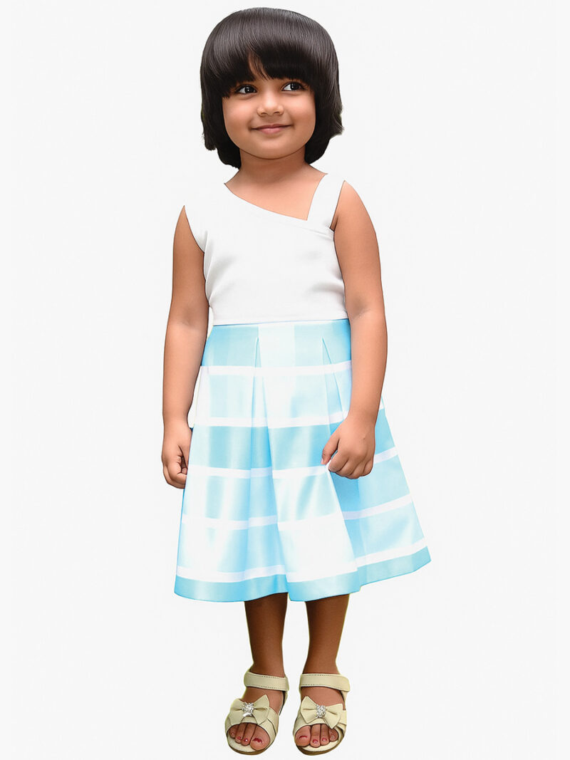 Untitled-31 Baby Girls Knee Long Frock Dress, Satin Pleated, Striped, Blue
