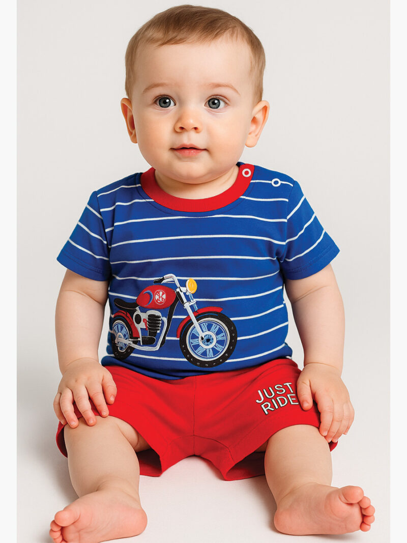 Baby Boys T-Shirt and Shorts Set, Bike Printed, Striped, Blue