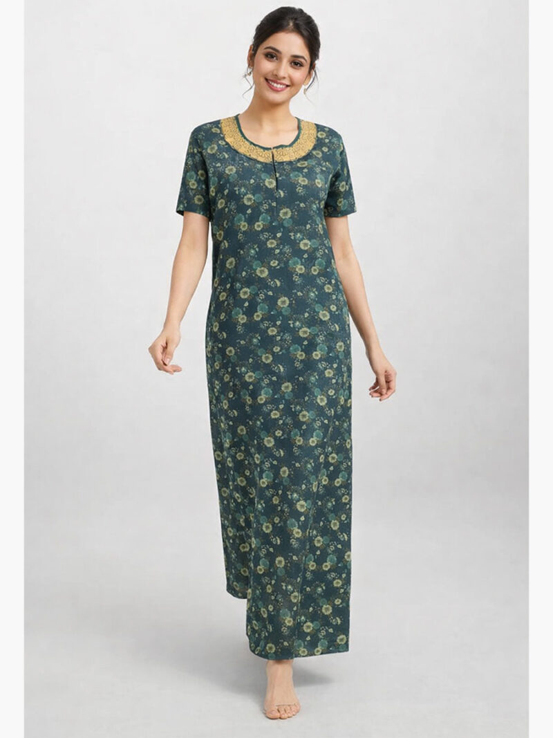 WNTY-DOVE-015-XXL-GREEN Women's Half Sleeve Spun Cotton Nightgown, Zipper