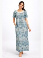 WNTY-DOVE-019-XL-BLUE Women's Half Sleeve Spun Cotton Nightgown, Zipper