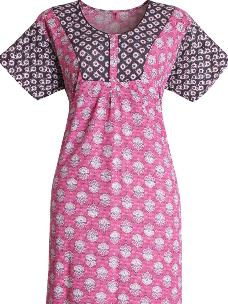 Women's pure cotton nighty with side pocket, pink