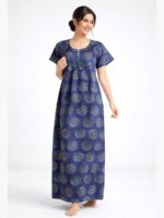 Women's pure cotton gown style zipper nighty, navy blue