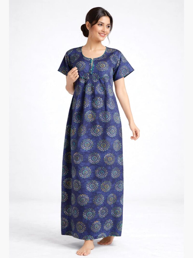 Women's pure cotton gown style zipper nighty, navy blue