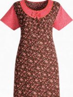 Women's pure cotton nighty with side pocket, brown, pink
