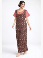 Women's pure cotton nighty with side pocket, brown, pink