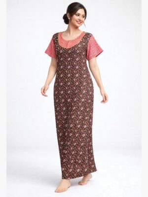 Women's pure cotton nighty with side pocket, brown, pink