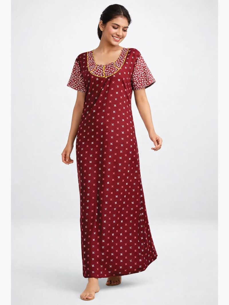 WN-SADIQ-14-MR-XXL-05-F Women's pure cotton nighty with side pocket, maroon, pink