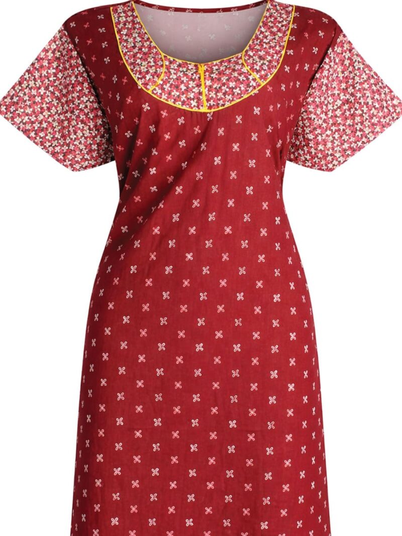 Women's pure cotton nighty with side pocket, maroon, pink