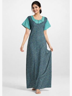 Women's pure cotton nighty with side pocket, teal