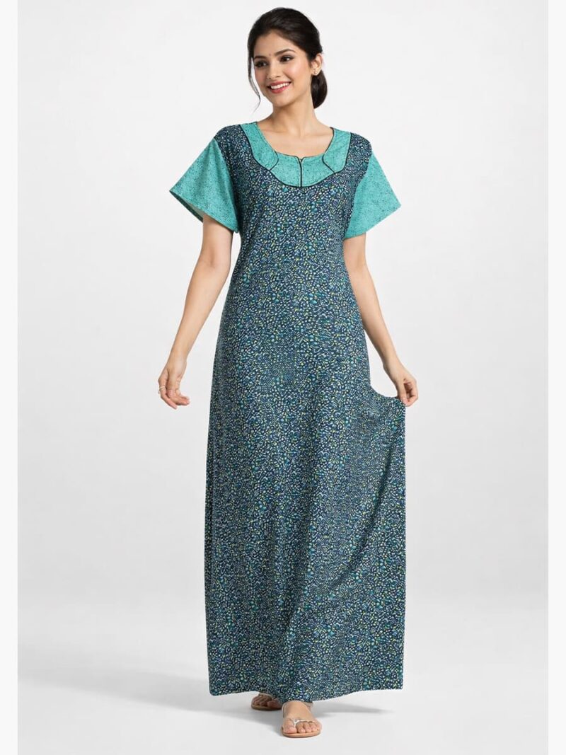 Women's pure cotton nighty with side pocket, teal