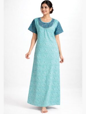 Women's pure cotton nighty with side pocket, turquoise