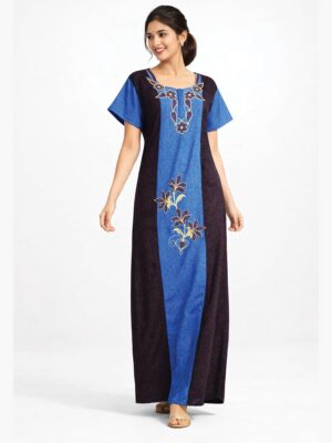 Women’s Zipper Cotton Nighty – Sky Blue & Brown, Embroidery Design