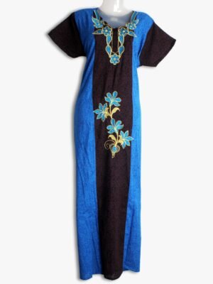 Women’s Zipper Cotton Nighty – Brown & Navy Blue, Embroidery Design