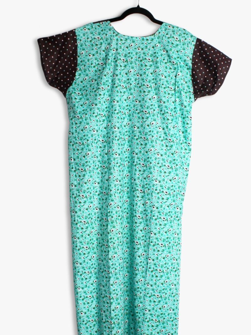 Cotton Zipper Nighty with Side Pocket – Brown & Teal Dotted Print