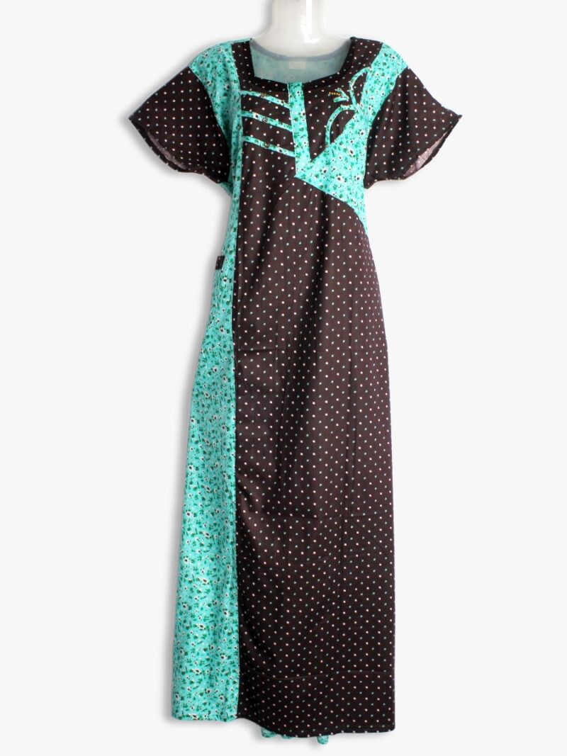 Cotton Zipper Nighty with Side Pocket – Brown & Teal Dotted Print