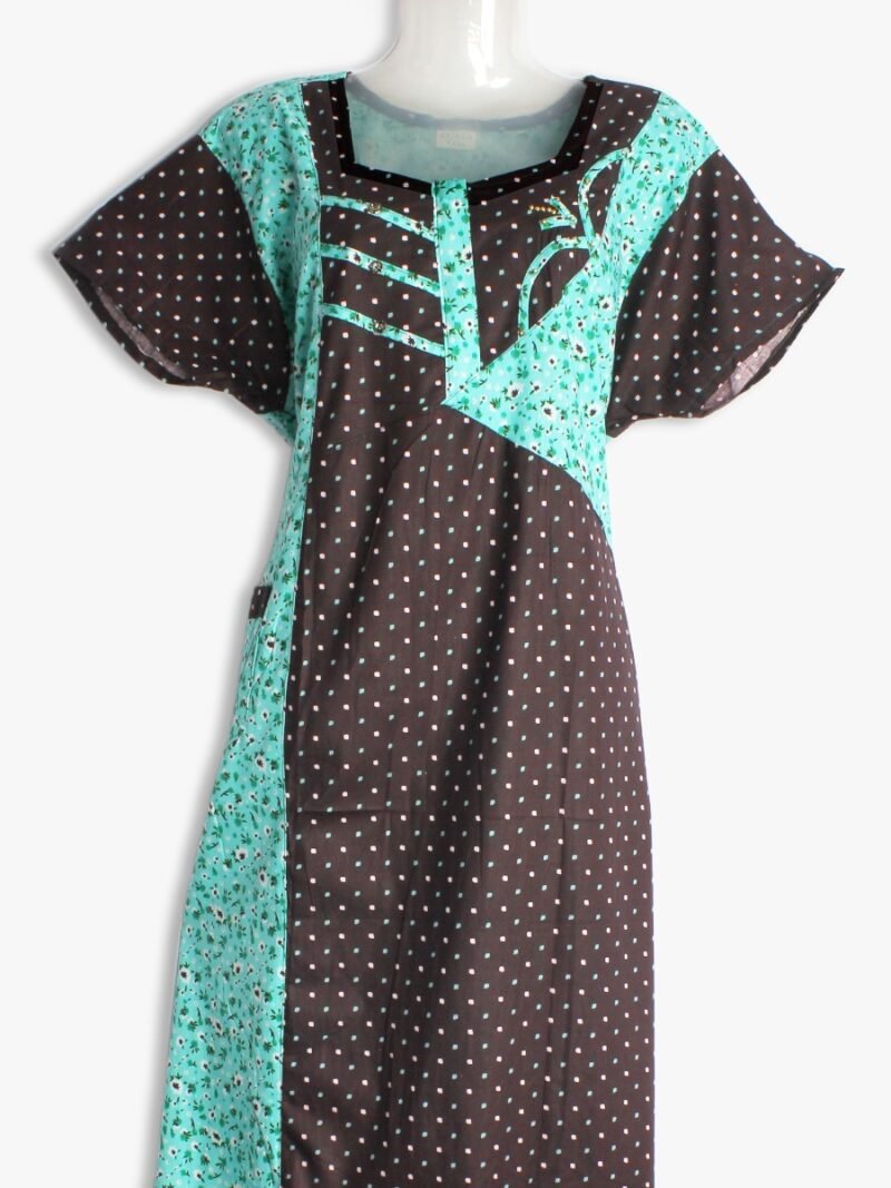 Cotton Zipper Nighty with Side Pocket – Brown & Teal Dotted Print Cotton Zipper Nighty with Side Pocket – Brown & Teal Dotted Print