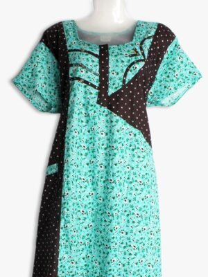 Cotton Zipper Nighty with Side Pocket – Turquoise Dotted Print