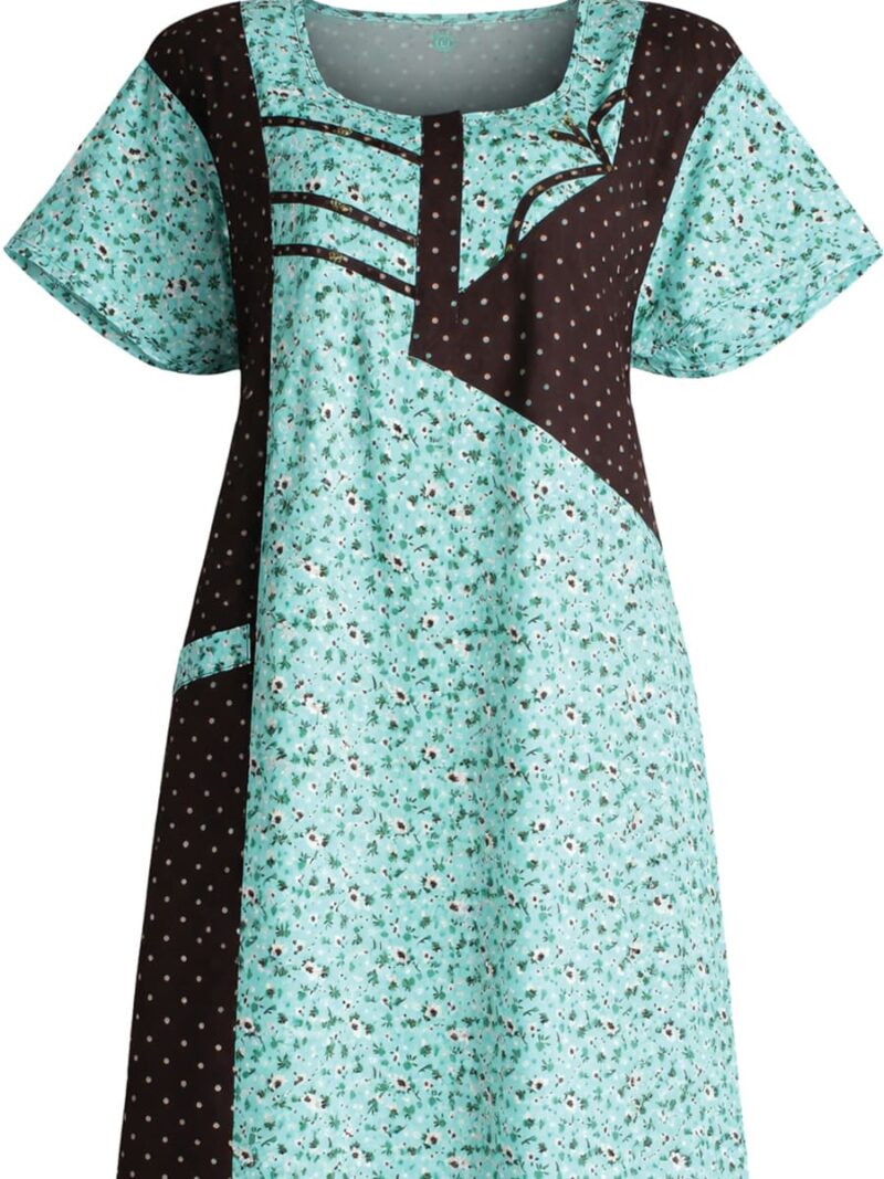 Cotton Zipper Nighty with Side Pocket – Turquoise Dotted Print