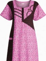 Women's Cotton Zipper Nighty with Side Pocket – Pink & Brown Dotted Print