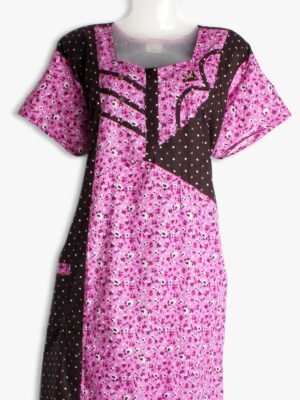 Cotton Zipper Nighty with Side Pocket – Pink & Brown