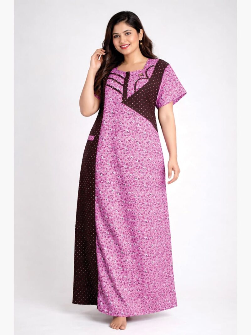 Women's Cotton Zipper Nighty with Side Pocket – Pink & Brown Dotted Print
