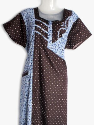 Cotton Zipper Nighty with Side Pocket – Brown & Sky Blue Dotted Print