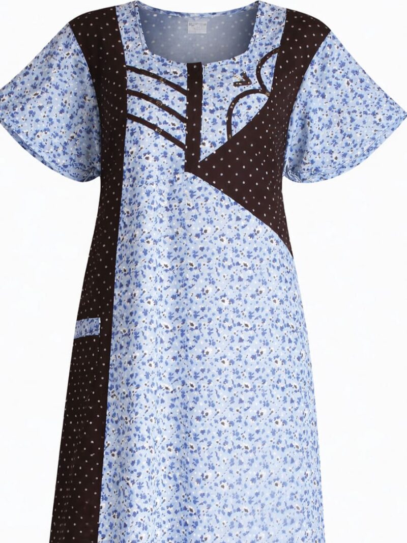 Women's Cotton Zipper Nighty with Side Pocket – Sky Blue & Brown Dotted Print