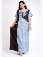 WN-TARA-18-SB-3XL-03-f Women's Cotton Zipper Nighty with Side Pocket – Sky Blue & Brown Dotted Print